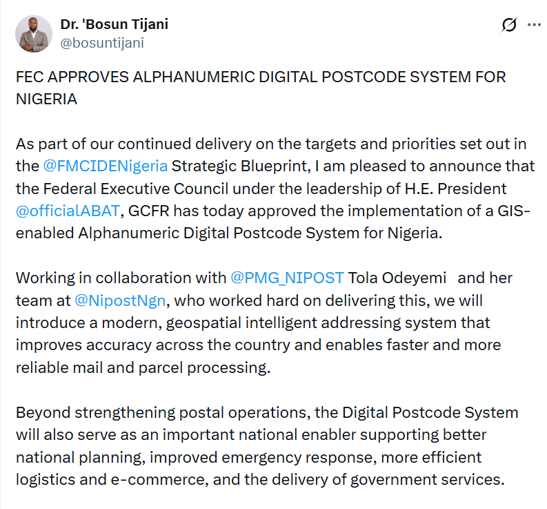 FG approves digital postcode system to boost mail processing